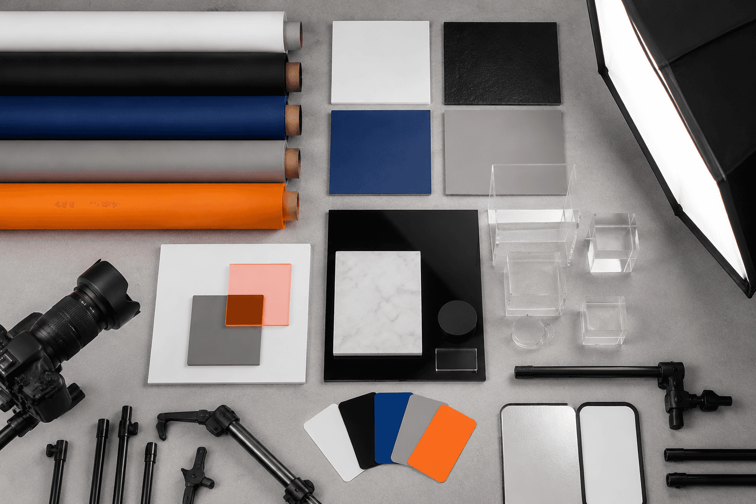 An overhead view of a tidy creator tabletop studio kit laid out ready to shoot